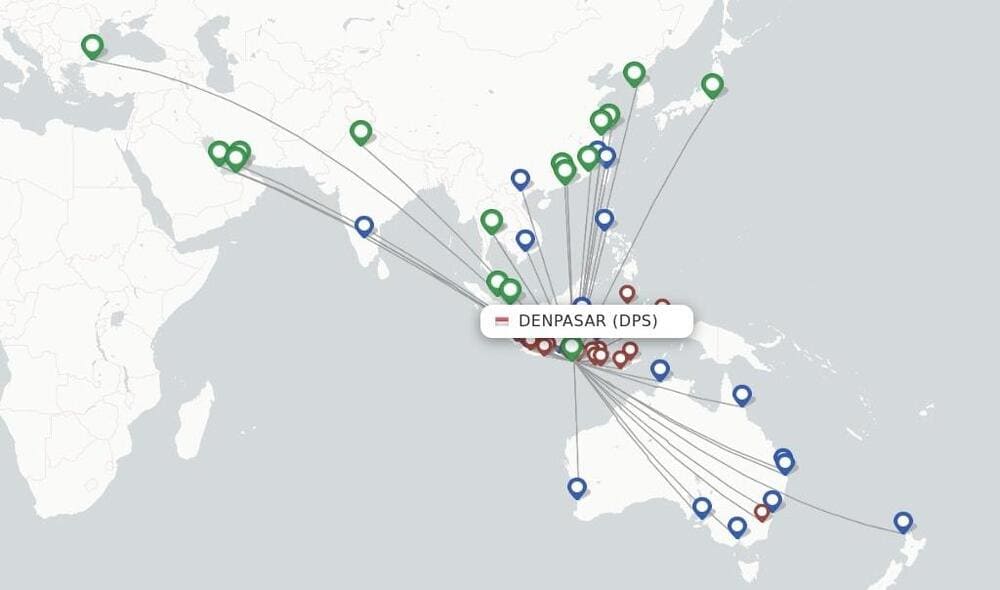 Bản đồ mạng lưới bay nội địa từ Ngurah Rai đến các thành phố lớn Indonesia